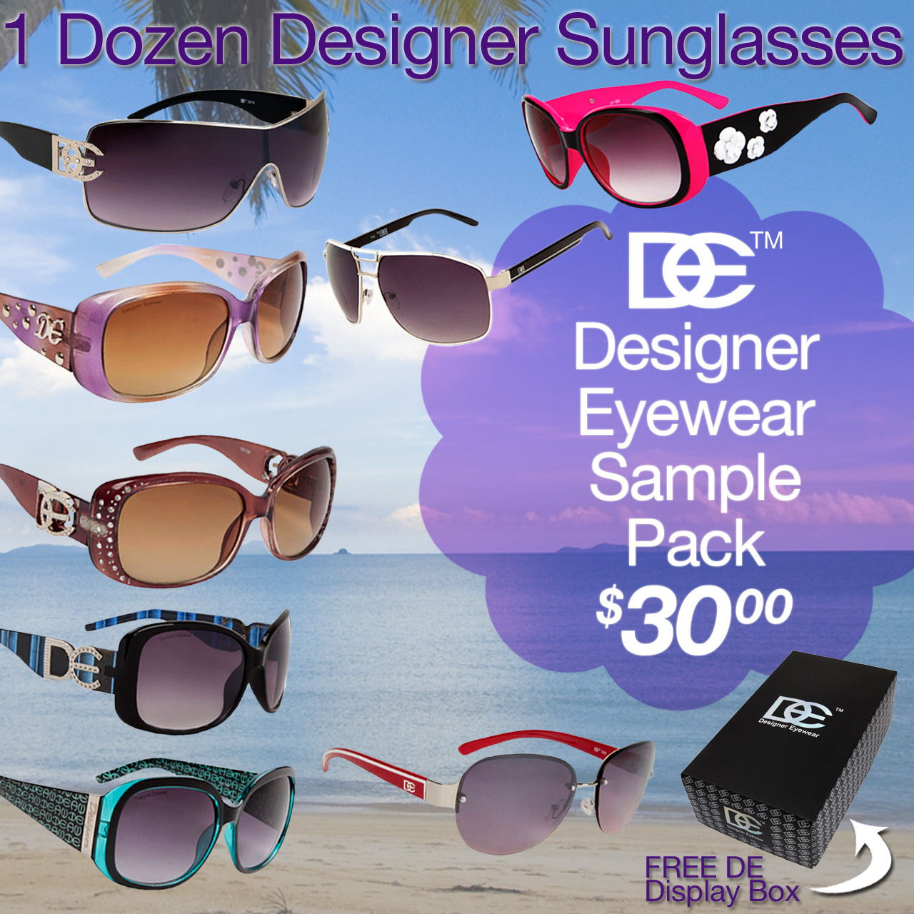 Sample Pack 12 Pair Assorted DE Designer Eyewear Sunglasses SPA-DE (12 pcs.)