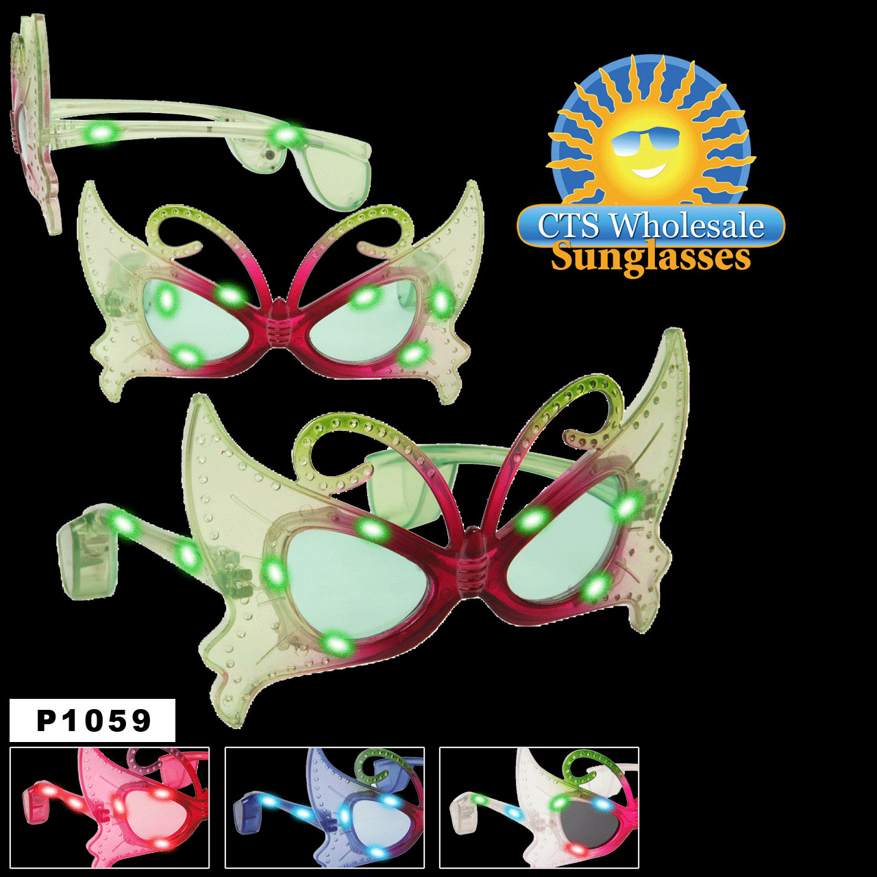 Flashing Sunglasses ~ Butterfly Eyes! ~ P1059 (Assorted Colors) (12 pcs.)