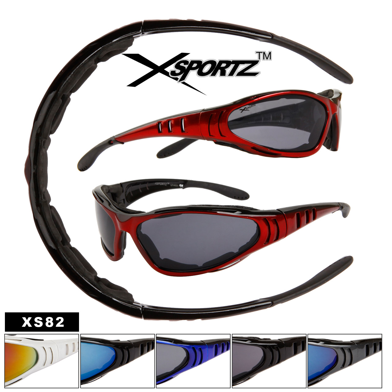 Xsportz™ Sports Bulk Sunglasses - Style # XS82 Foam Padded Interior Frames (Assorted Colors) (12 pcs