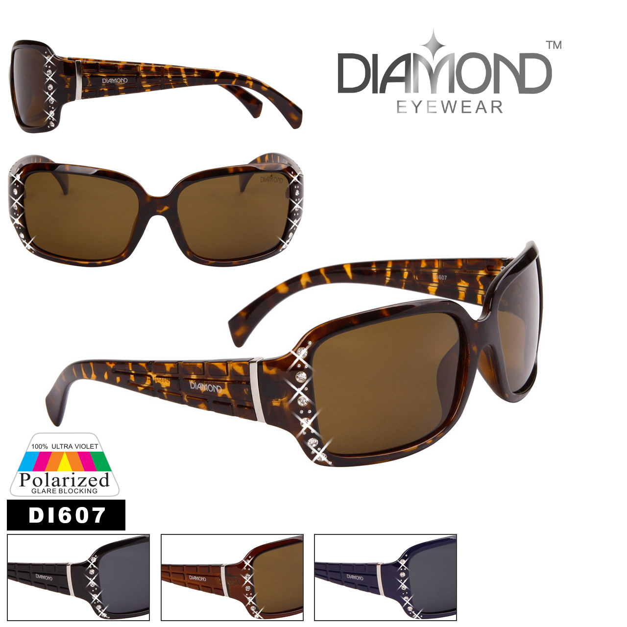 Diamond™ Eyewear Polarized Rhinestone Sunglasses - Style #DI607 (Assorted Colors) (12 pcs.)