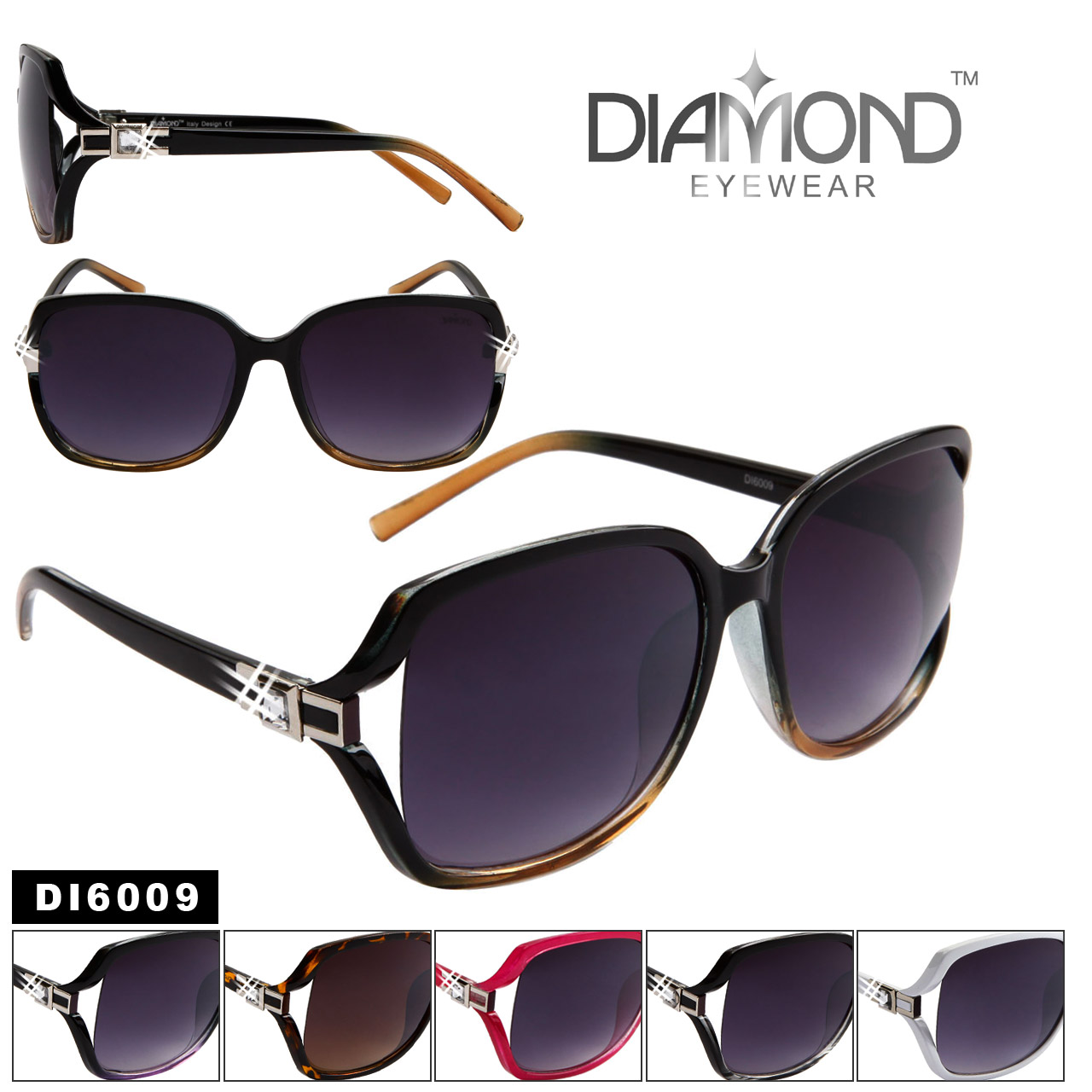 Diamond™ Rhinestone Sunglasses Wholesale - Style # DI6009 (Assorted Colors) (12 pcs.)