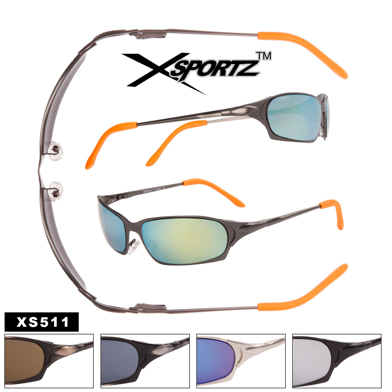 Wrap Around Metal Xsportz™ Spring Hinge Sport Sunglasses - Style #XS511 (Assorted Colors) (12 pcs.)