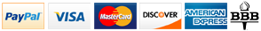 McAfee | PayPal | VISA | MasterCard | Discover | American Express | Better Business Bureau