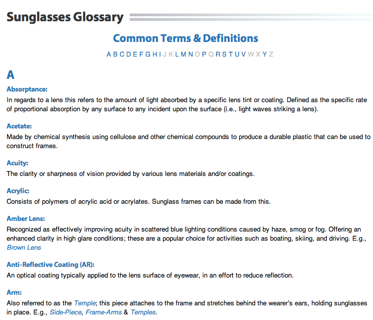 Sunglasses Glossary